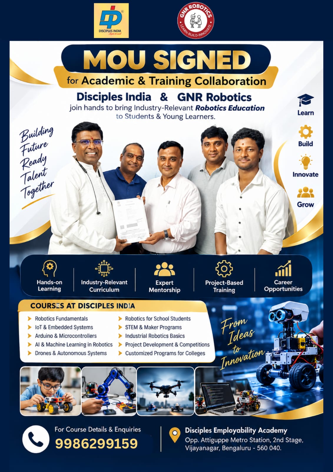 MOU signing between Disciples India and GNR Robotics for academic and training collaboration